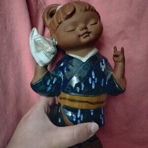 Vintage UCCTI Japanese Ceramic Girl in Yukata with Fox Mask Figure